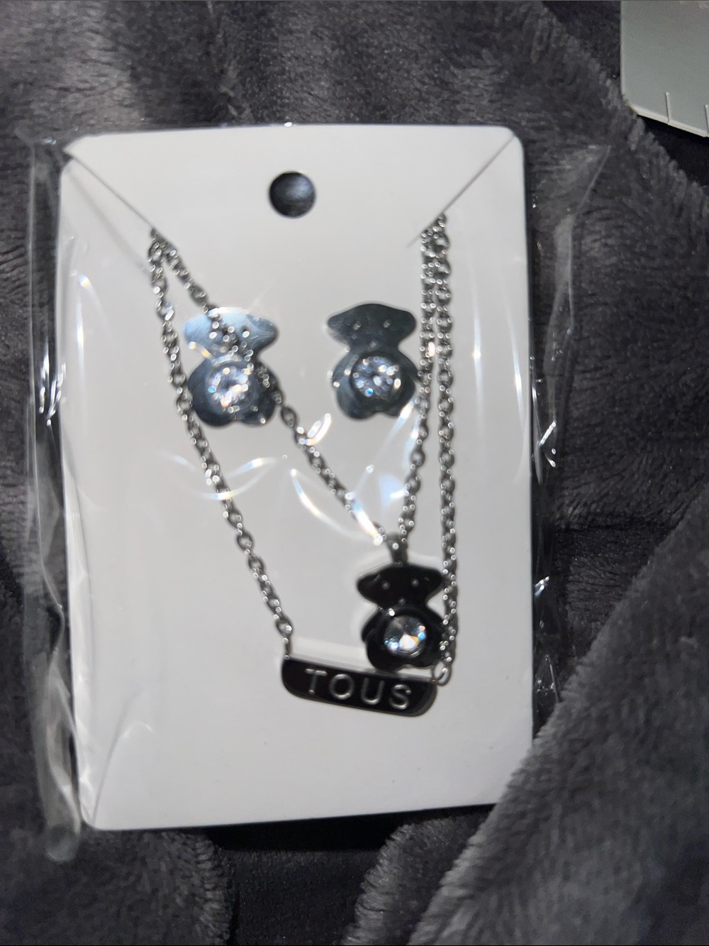 Silver Bear Necklace and Stud Earrings Set with Crystal Accents